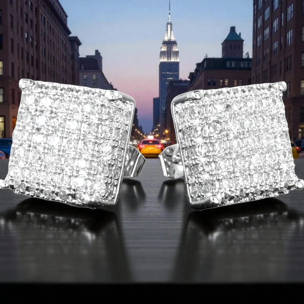 Iced Mens 14K White Gold Micropave Earrings
